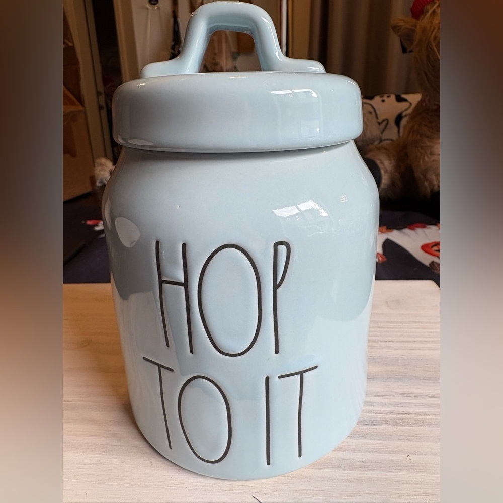 Rae Dunn Soft Blue “HOP TO IT” Ceramic Baby Canister